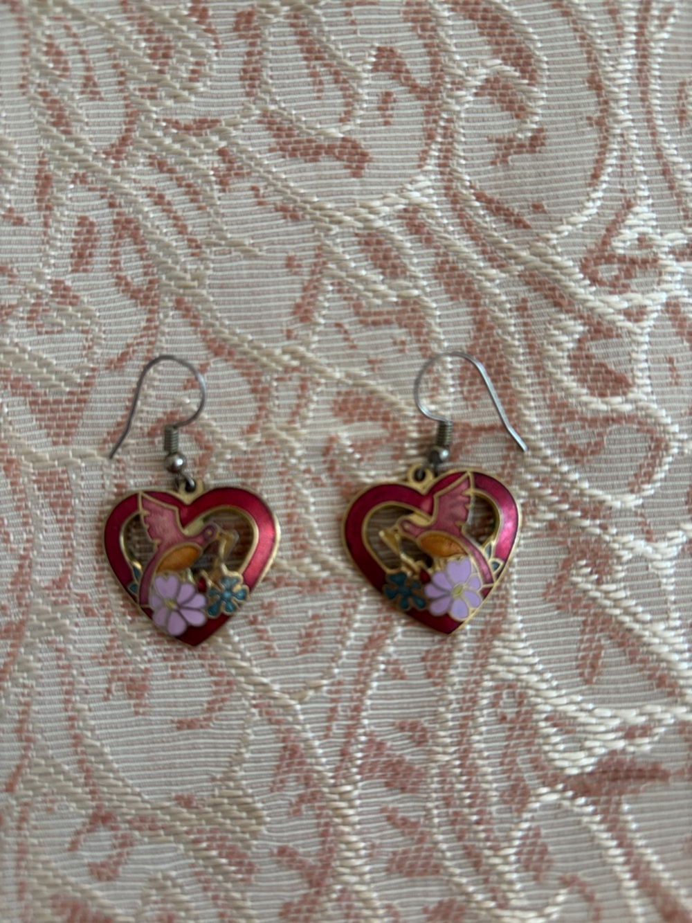 Heart Dove Floral Drop Earrings - Pink